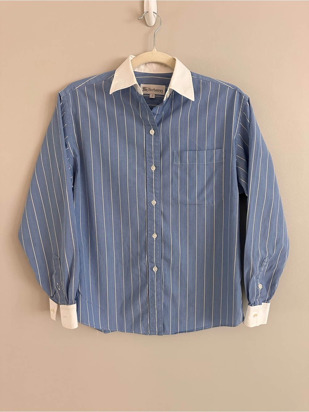Vintage Burberrys Blue Pinstripe Button Down Shirt Contrast Collar Size 2
